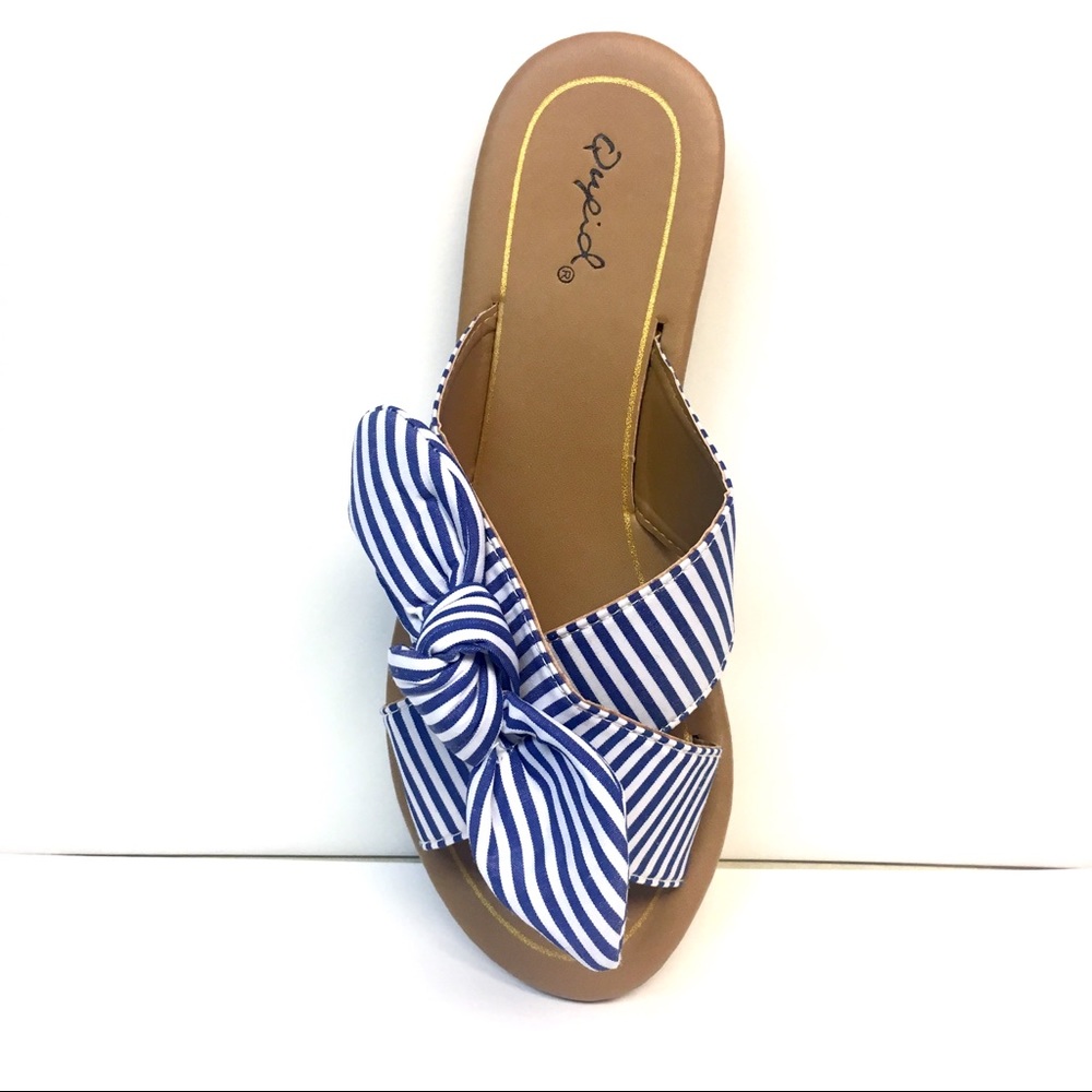 Striped Bow Sandals - Blue & White Fabric